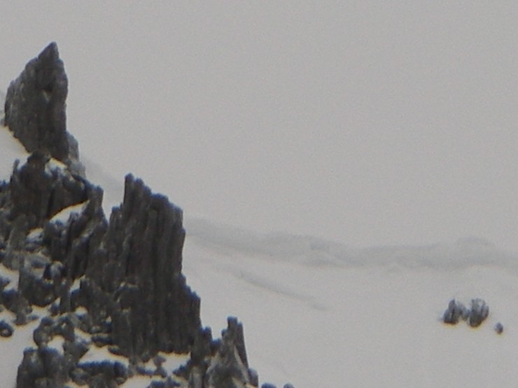 Debris (above) possibly slipped from here (to the right of Pinnacle Buttress).