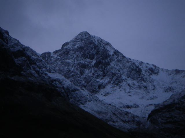 Stob Coire nam Beith looking quite black at the West end of the Glen.