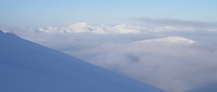 Looking North over a cloud inversion to the Mamores and Ben Nevis. 