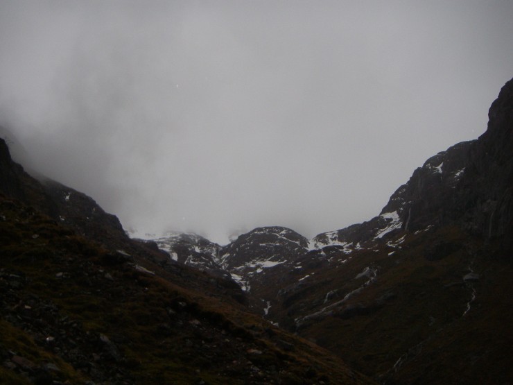 Stob Coire nan Lochan hiding in the mist and rain.