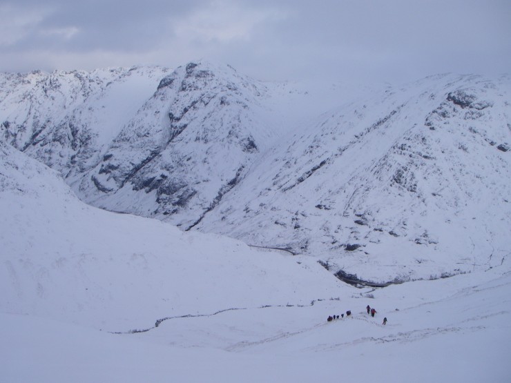 Looking back down into the  Glen with the Aonach Eagach ridge behind.