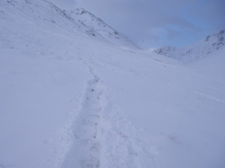 Soft snow making for hard going at 400 metres. Fortunately there was a good trail by the time I got there