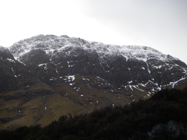 Across the road the upper tier of the West face of Aonach Dubh showing snow down to about 800m.