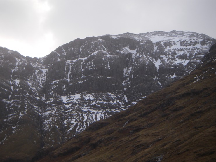 Less snow on the West face of Aonach Dubh after overnight thaw