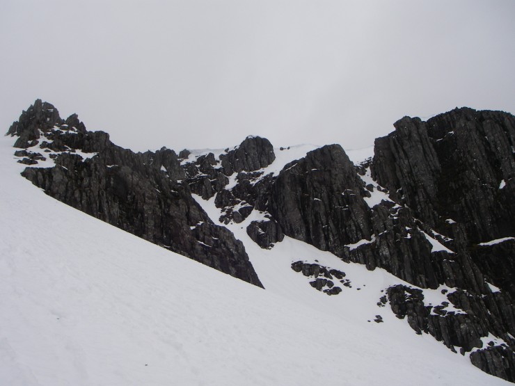 Still some sizeable cornices left, these above Twisting Gully.