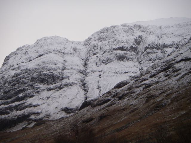 Snow in the tops of the gullies on the West face of Aonach Dubh