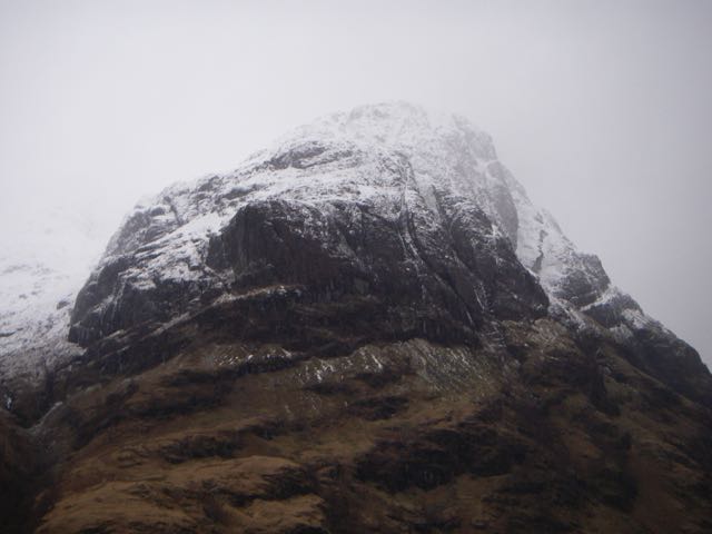 The brooding bulk of Aonach Dubh-Ossians Cave above ramps visible on r.h.s.