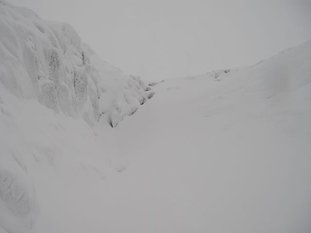 The 'Haggis Trap' on Meall a Bhuiridh - a good sheltered pocket to check snow accumulations.
