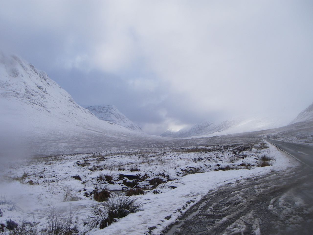 Snow down to road level higher up the glen, near Glen Etive road-end.